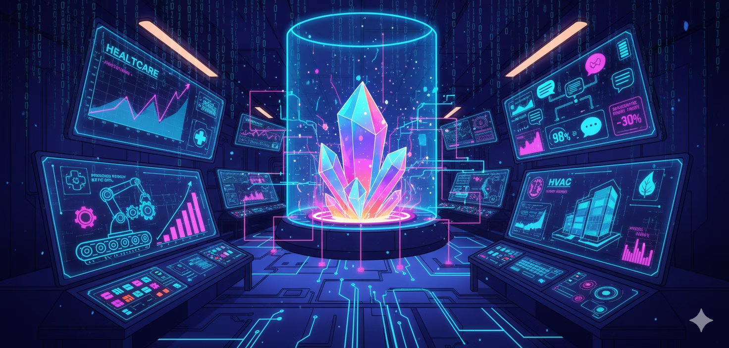 Dynamic case studies hero: a futuristic control room featuring the 'Optimized Solutions Nexus'—a glowing crystal core—surrounded by holographic screens with industry data: healthcare graphs, customer service metrics, automation efficiency, and HVAC performance. Bold outlined comic-book style in electric blues, purples, and pinks conveying enterprise-grade, data-driven results and digital transformation.